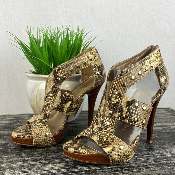 Stuart Weitzman Python Snake Print Cage Stud Heel Shoes 7.5 - Picture 3 of 10